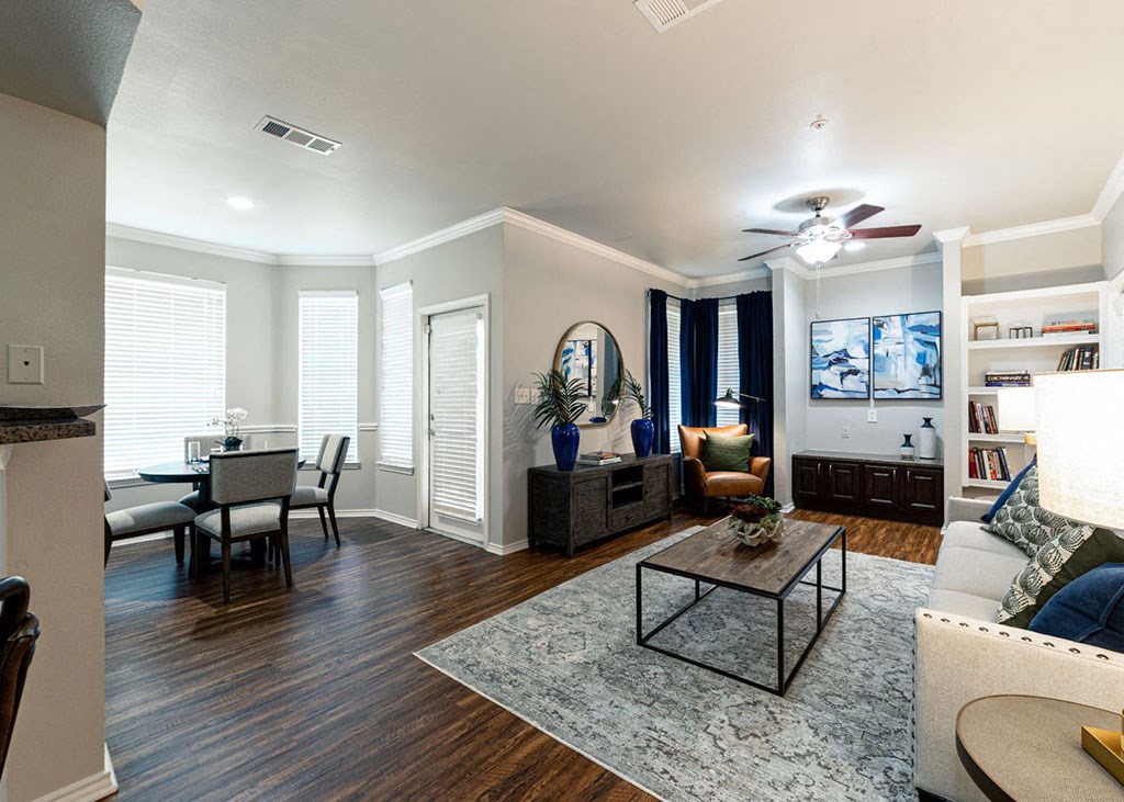 a living room with a couch and a table