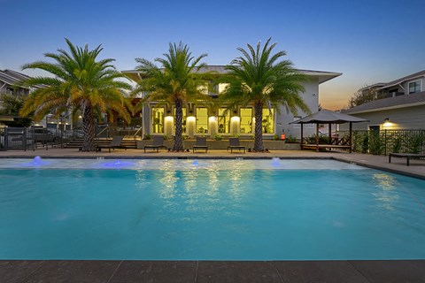 A swimming pool in front of a house with a palm tree.