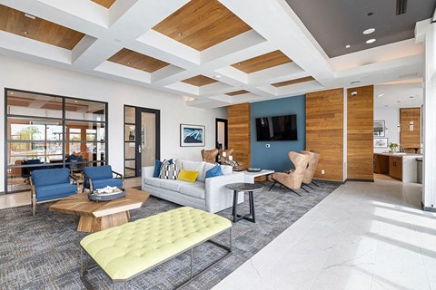 a living room with a couch and chairs and a television