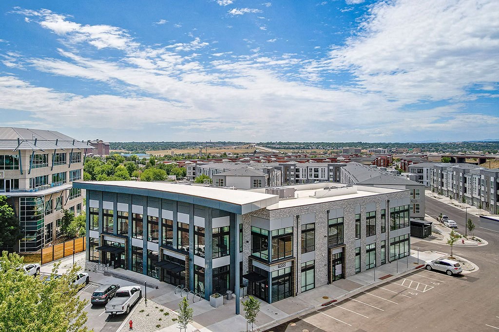 an aerial view of a building in a city