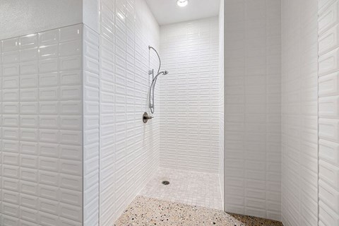 a white bathroom with a shower and a tiled wall