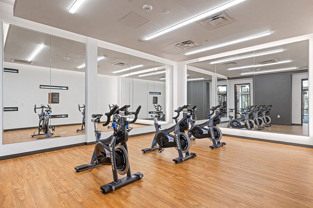 the gym is equipped with a slew of exercise bikes