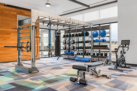 a workout room with weights and other gym equipment
