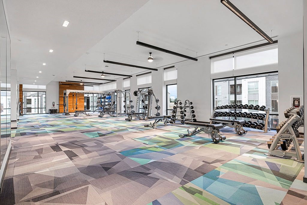 a workout room with weights and cardio machines and large windows