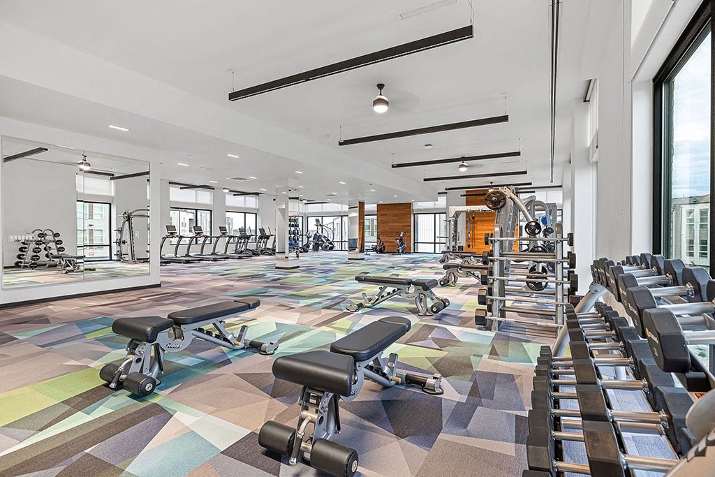 a gym with weights and dumbbells