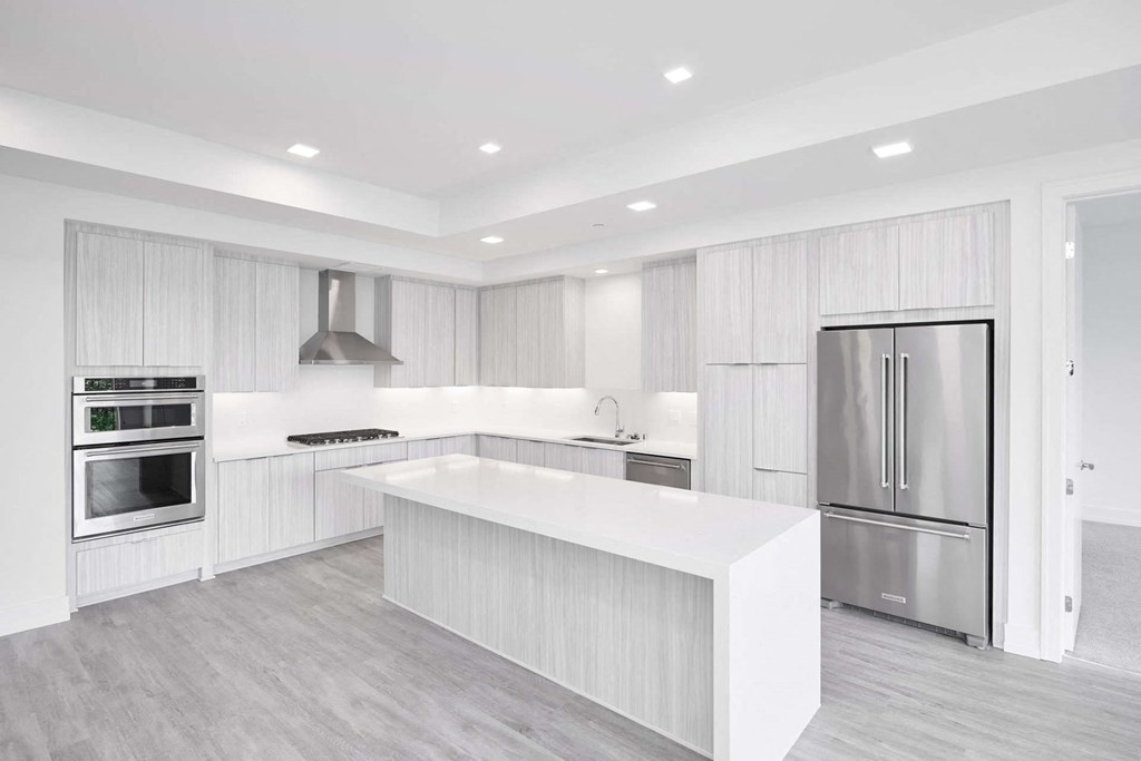 a white kitchen with a large island and stainless steel appliances
