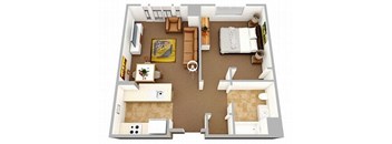 a bedroom with a bed a desk and a mirror