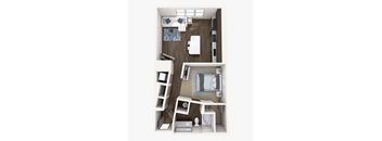 A top down view of a small apartment with a bed, a couch, a chair, a table, and a kitchenette.