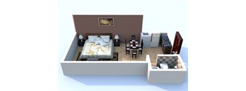a room with a bed and a desk and a living room