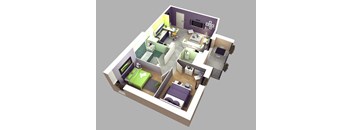 a 3d floor plan of a small apartment