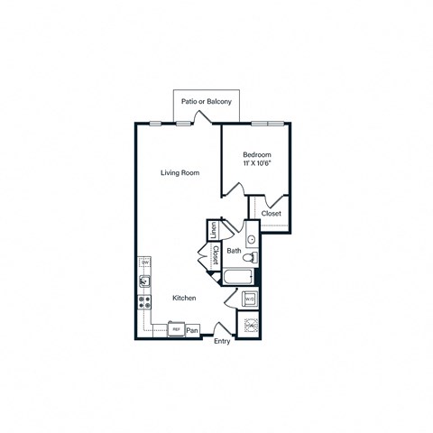 A floor plan of a home with a living room, kitchen, bath, and bedroom.