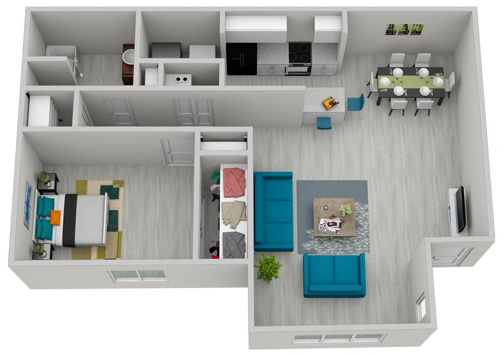 a stylized floor plan with a bedroom and living room