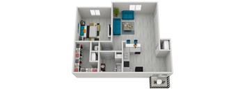 A top-down view of a small apartment with a kitchen, living room, and bathroom.