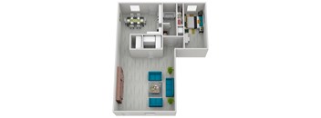 a stylized floor plan with a bedroom and a living room