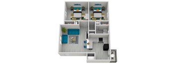 A top-down view of a two-bedroom apartment with a living room, kitchen, and bathroom.