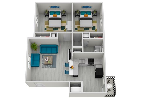 A top-down view of a two-bedroom apartment with a living room, kitchen, and bathroom.