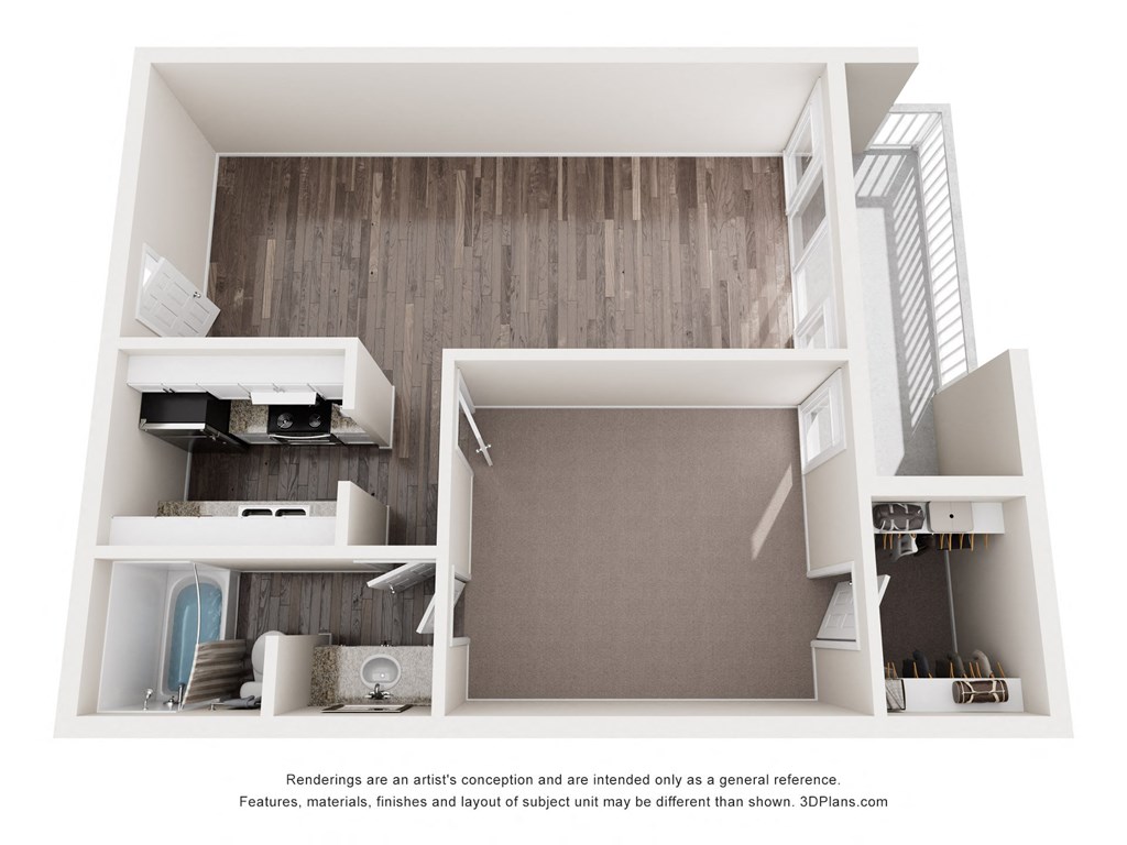 a rendering of a 1 bedroom floor plan with a bathroom and a living room
