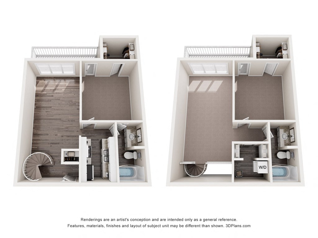 two views of a 3d floor plan of a 2100 sq ft apartment