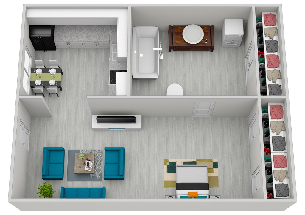 a 1 bedroom floor plan with a bathroom and a living room
