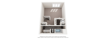 a spacious floor plan with a bedroom and a bathroom