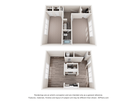 a stylized floor plan of a 1 bedroom apartment