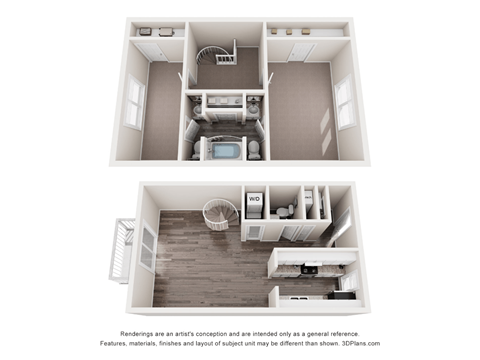 a stylized image of a 1 bedroom floor plan and a 3d floor plan