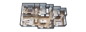 A 3D floor plan of a house with multiple rooms and furniture.