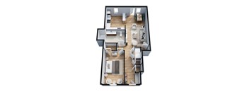 A top-down view of a modern apartment layout with a kitchen, living room, dining area, and bathroom.
