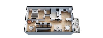 A top-down view of a modern apartment layout with a living room, kitchen, and bedrooms.
