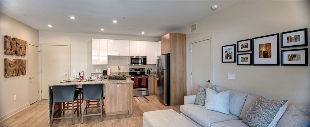 Downtown Kalamazoo, MI Apartments - 400 Rose - Living Room With Comfortable Couch, Open Floor Layout, Wood-Style Flooring, Modern Decor, And Wall Photography Collage