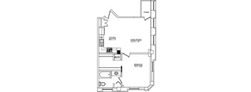 A floor plan of a home with a living room, dining room, kitchen, and bedroom.