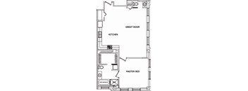 A floor plan of a house with a great room, kitchen, and master bed.