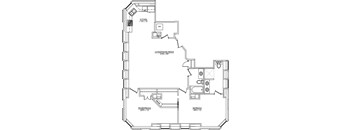 A floor plan of a house with a kitchen, living room, den, and bedroom.