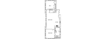 A floor plan of a house with a master bedroom, a great room, and a kitchen.
