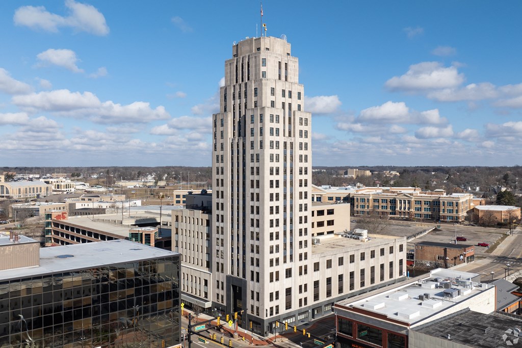 an aerial view of the equitable building in downtown