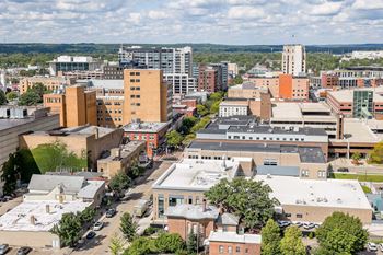 an aerial view of the city