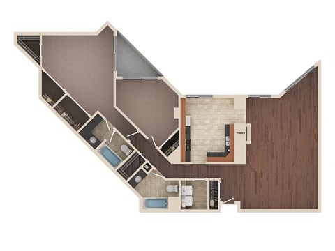 Crest - 2 Bedroom Floor Plan Layout with 2 Baths and 1,486 square feet at Skyrise Luxury Apartments in Kalamazoo, MI.