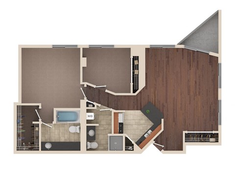 Skyliner - 2 Bedroom Floor Plan Layout with 2 Baths and 1,177 square feet at Skyrise Luxury Apartments in Kalamazoo, MI.