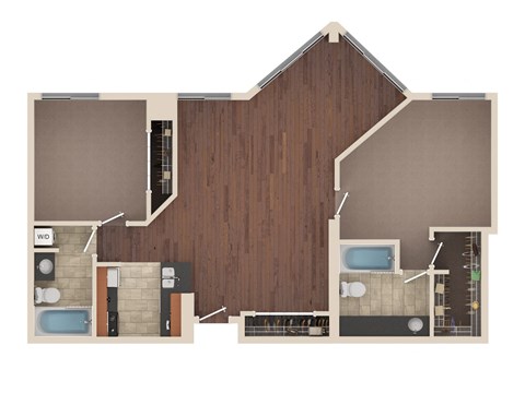 Starlight - 2 Bedroom Floor Plan Layout with 2 Baths and 1,181 square feet at Skyrise Luxury Apartments in Kalamazoo, MI.