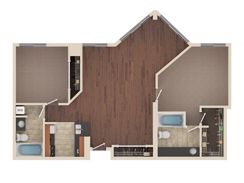 Sunrise - 2 Bedroom Floor Plan Layout with 2 Baths and 1,181 square feet at Skyrise Luxury Apartments in Kalamazoo, MI.