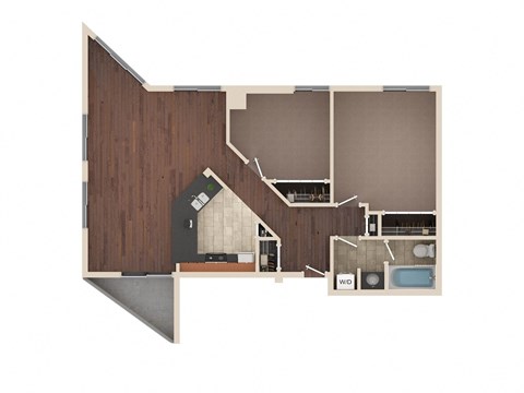 Vista - 2 Bedroom Floor Plan Layout with 1 Bath and 1,062 square feet at Skyrise Luxury Apartments in Kalamazoo, MI.
