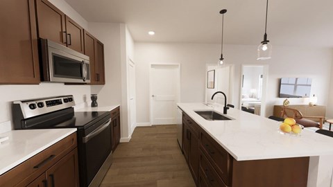 A kitchen with brown cabinets and black appliances.