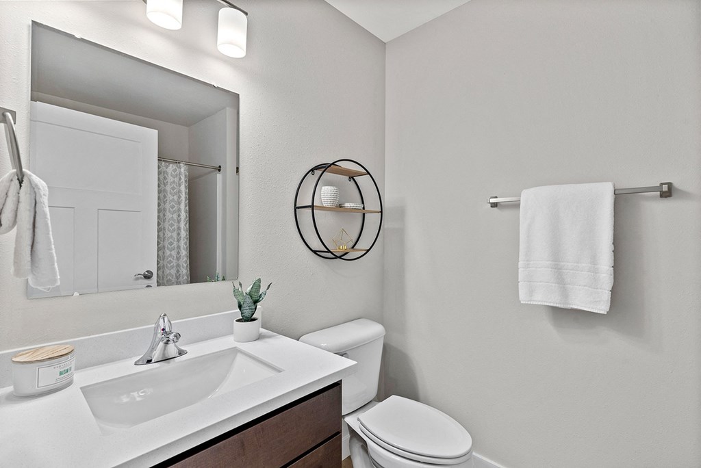 a bathroom with a sink and a toilet and a mirror at The Residences Apartments at Bear Tree, DeForest, Wisconsin, 53532