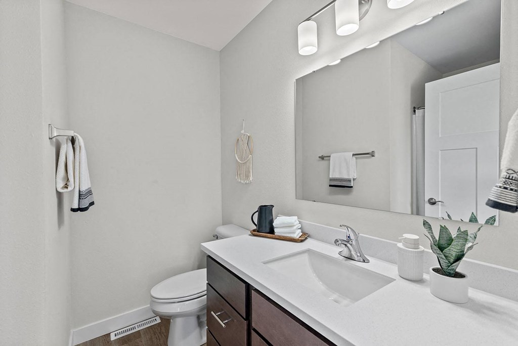 a bathroom with a sink and a toilet and a mirror at The Residences Apartments at Bear Tree, DeForest, Wisconsin