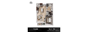 1A-2 700 SQ/FT 1 Bed 1 Bath Floor Plan at The Residences Apartments at Bear Tree, DeForest, WI 53532