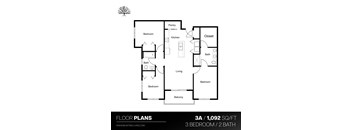 a floor plan of a 3 bedroom apartment with a bathroom and a living room