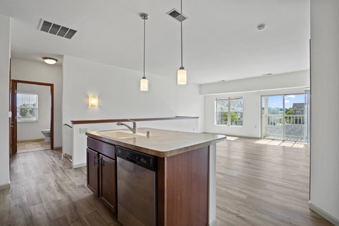 A kitchen with a wooden counter and a dishwasher.