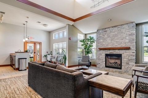 A living room with a grey couch and a stone fireplace.