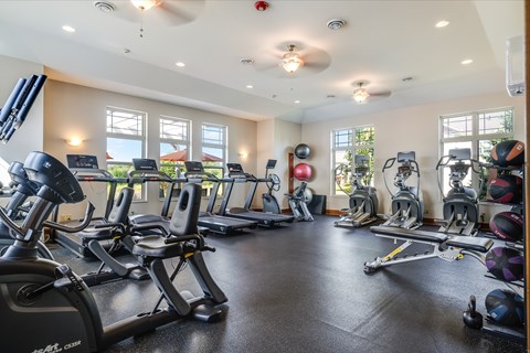 A spacious gym with a variety of exercise equipment.