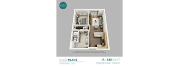A floor plan of a 1 bedroom apartment with 1 bathroom.